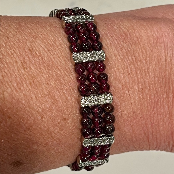 Vintage Marcasite, silver and Red Garnet Triple Row Beaded Bracelet - Picture 11 of 11